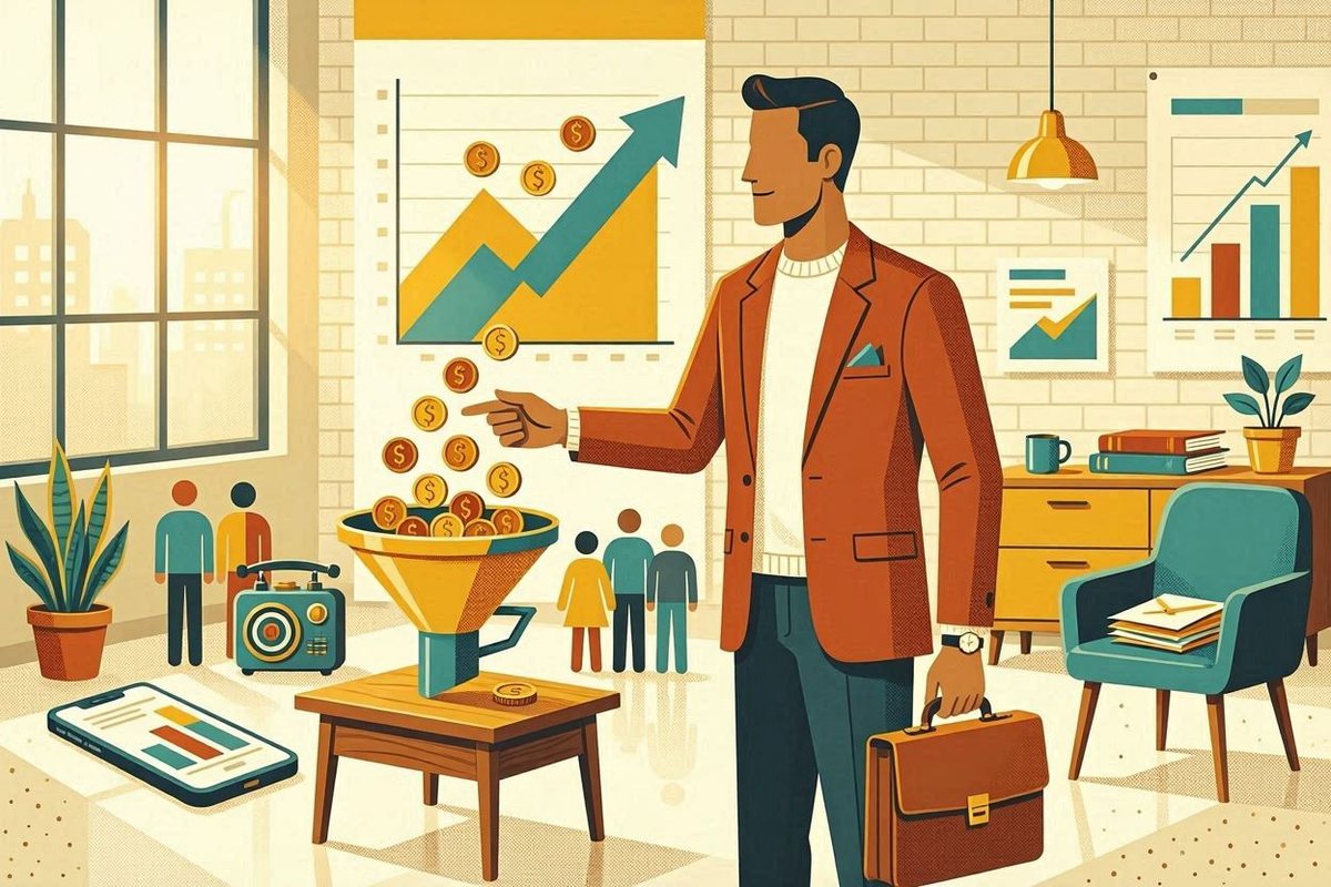 A founder directing a marketing funnel with growth charts in the background